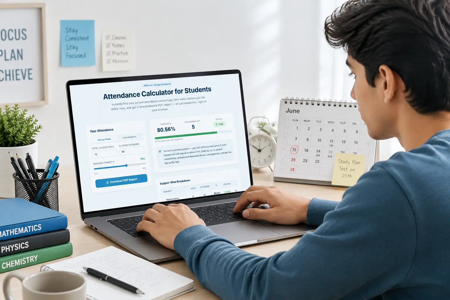 Student tracking weekly attendance in a planner