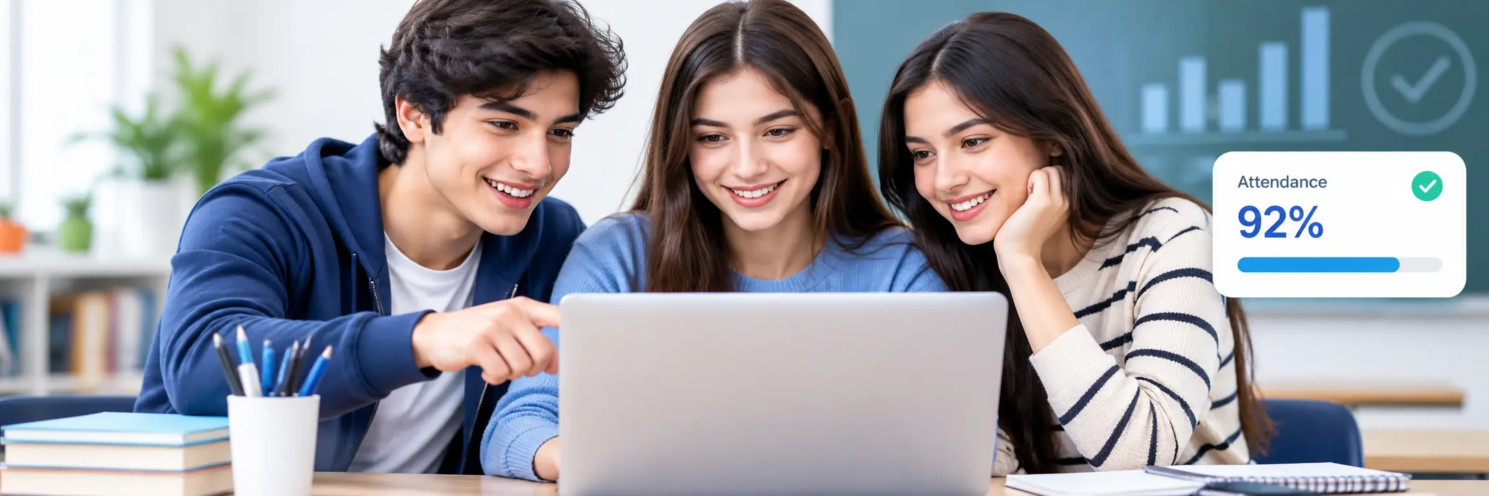 Students checking their attendance percentage on a laptop