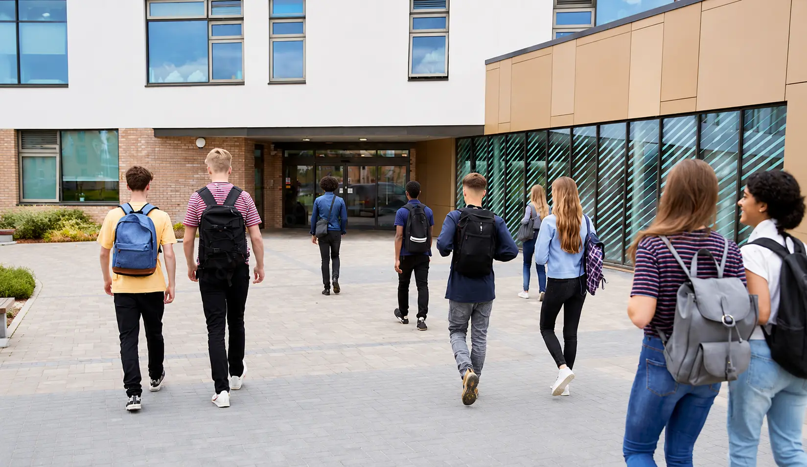 University campus with students walking between classes